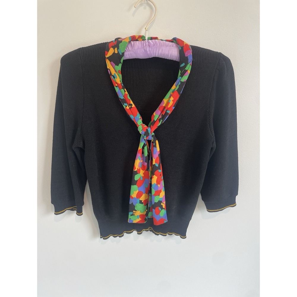Vintage Vivanti Black Sweater W/ Color Scarf‎ 3/4 Sleeve 1980s Made In USA Sz 10